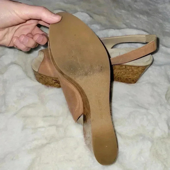 MaxMara Sandal Platform Peep Toe Tan Beige Nubuck Slingback Cork Wedge 38 - Picture 6 of 7
